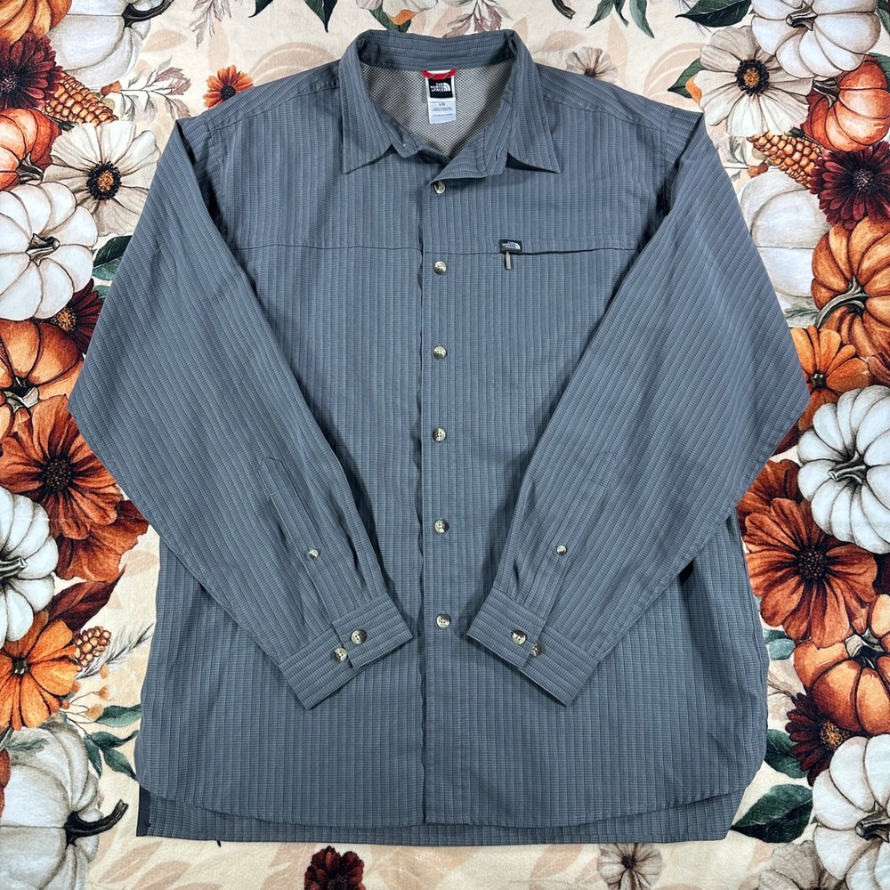 The North Face Syncline Shirt Mens Large Gray Check Zip Pocket Hiking Roll Tab